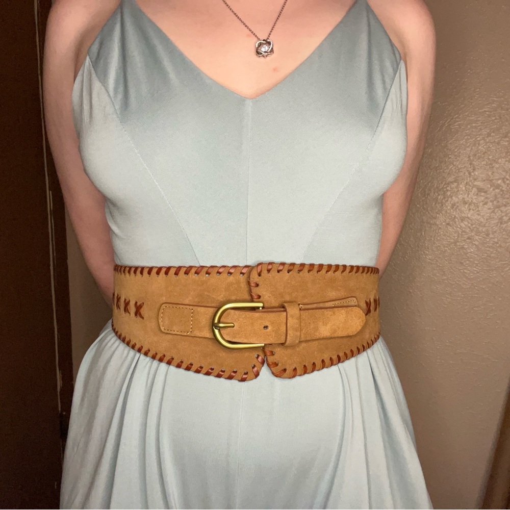 Anthropologie Wide Suede Tan Belt with Gold Buckle